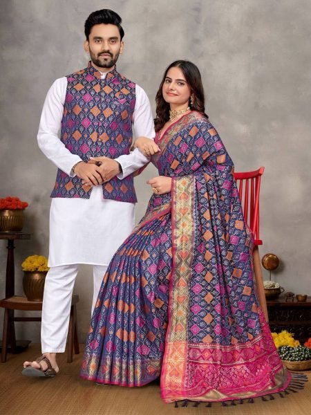 Jacquard Couple Set Mens Kurta Pajama with Silk Koti and Womens Saree Couple Combo collection 