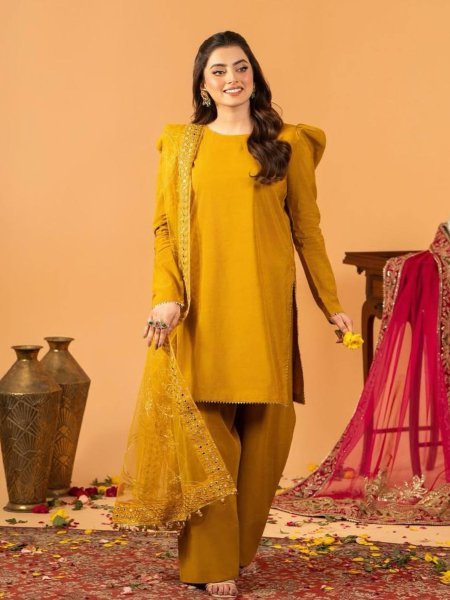 Designer Crepe Silk Top with Farshi Salwar and Embroidery Net Dupatta for Haldi Outfit Haldi Ceremony Outfits