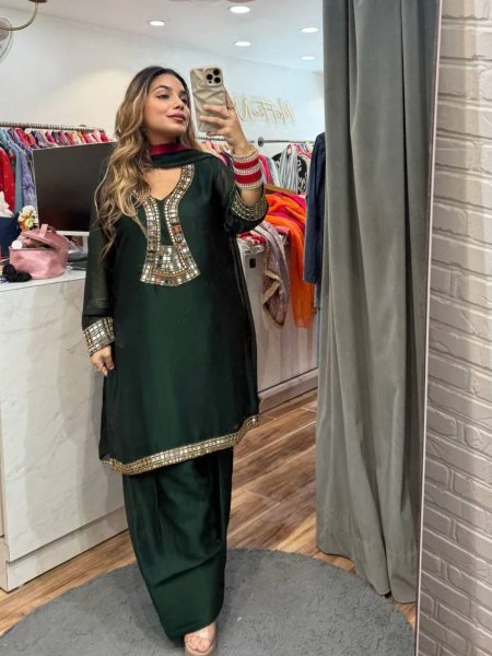 Designer Dark Green Rangoli Silk Suit with Mirror Embroidery Work at Low Price Ready To Wear Suit