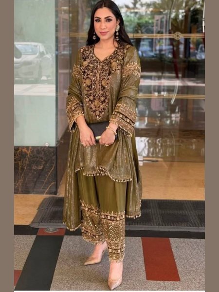 Designer Eid Special Mehndi Color Anarkali Short Top with Palazzo Set  for a premium festive look Ready To Wear Suit