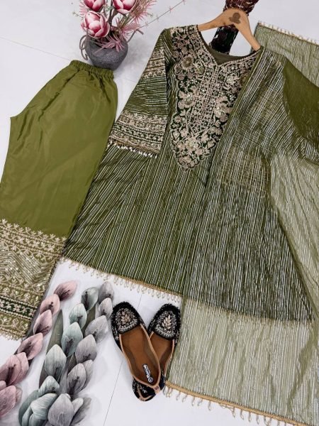 Designer Eid Special Mehndi Color Anarkali Short Top with Palazzo Set  for a premium festive look Ready To Wear Collection