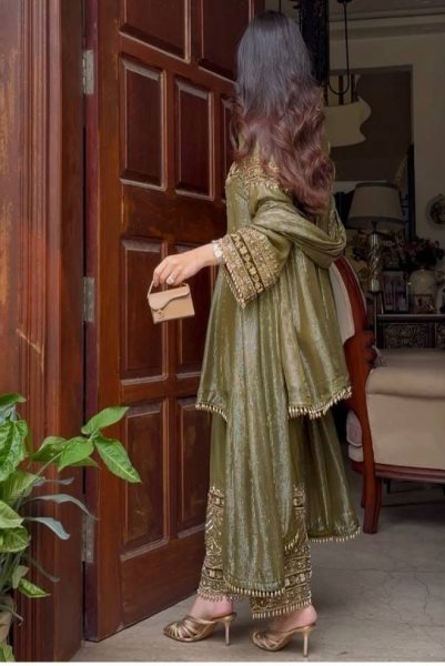 Designer Eid Special Mehndi Color Anarkali Short Top with Palazzo Set  for a premium festive look Ready To Wear Collection