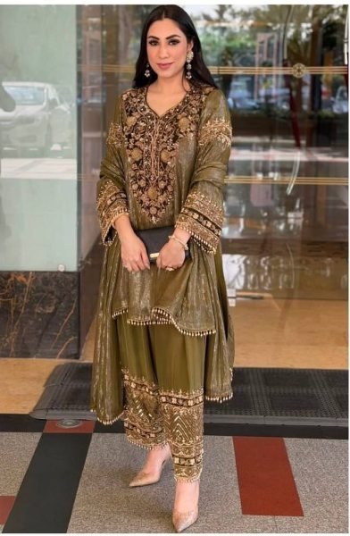 Designer Eid Special Mehndi Color Anarkali Short Top with Palazzo Set  for a premium festive look Ready To Wear Collection