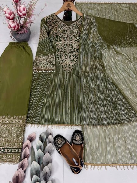Designer Eid Special Mehndi Color Anarkali Short Top with Palazzo Set  for a premium festive look Ready To Wear Collection