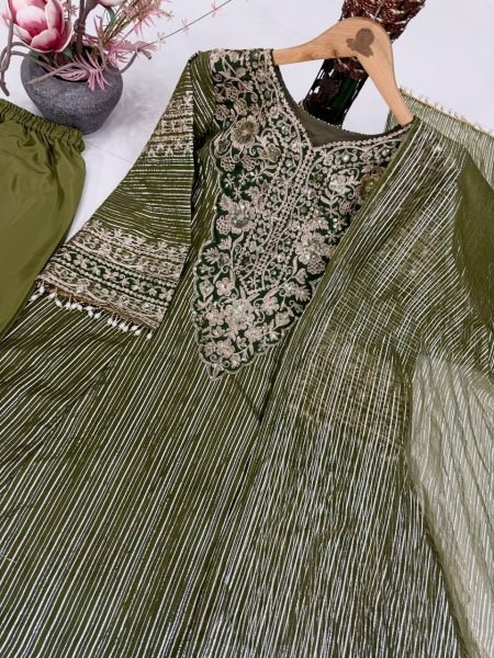 Designer Eid Special Mehndi Color Anarkali Short Top with Palazzo Set  for a premium festive look Ready To Wear Collection