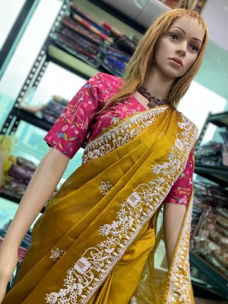 Designer Elephant Motif Saree in Rangoli Silk New Collection with Lace Piping Surat Supplier  Embroidery Sarees Wholesale