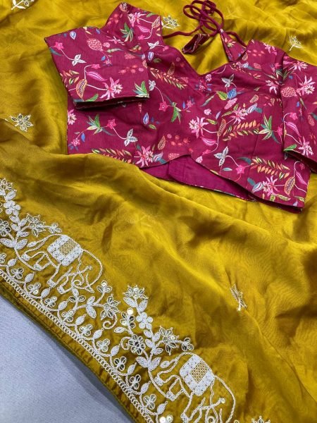 Designer Elephant Motif Saree in Rangoli Silk New Collection with Lace Piping Surat Supplier  Embroidery Sarees Wholesale