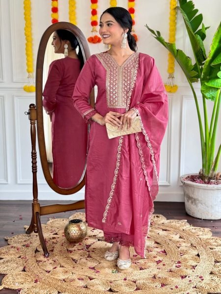 Designer Embroidered Chanderi Suit with Stitched Nylon Dupatta 3 Piece Kurti Set