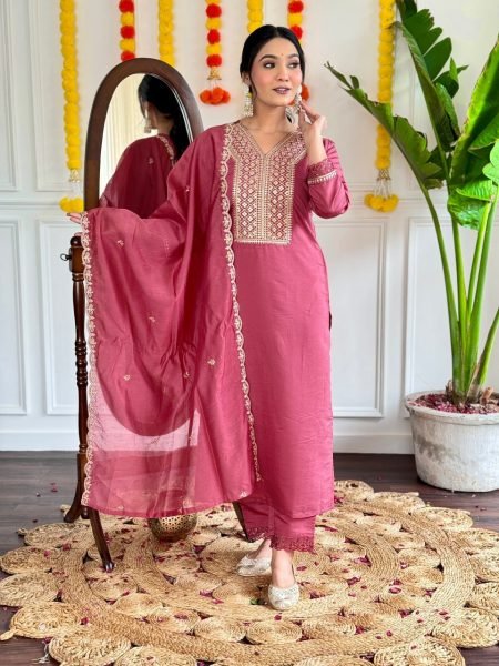 Designer Embroidered Chanderi Suit with Stitched Nylon Dupatta 3 Piece Kurti Set