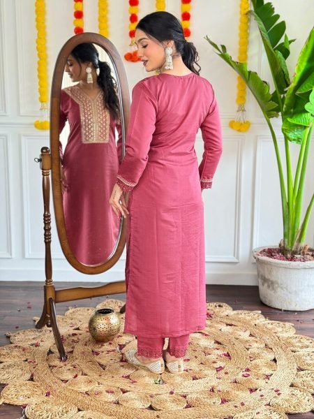 Designer Embroidered Chanderi Suit with Stitched Nylon Dupatta 3 Piece Kurti Set