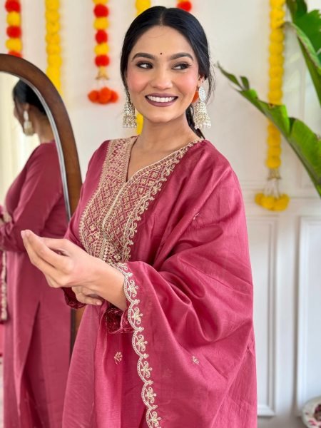 Designer Embroidered Chanderi Suit with Stitched Nylon Dupatta 3 Piece Kurti Set
