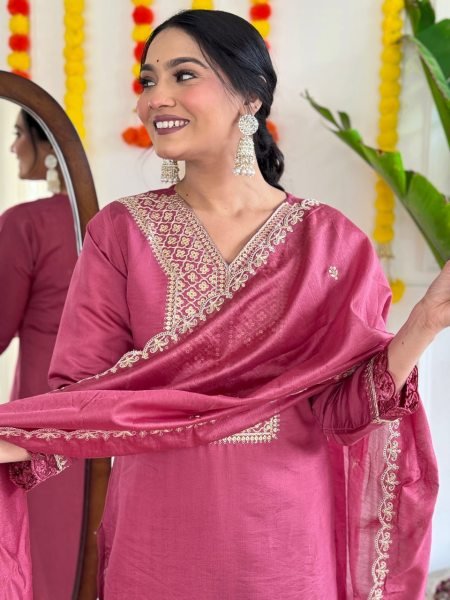 Designer Embroidered Chanderi Suit with Stitched Nylon Dupatta 3 Piece Kurti Set