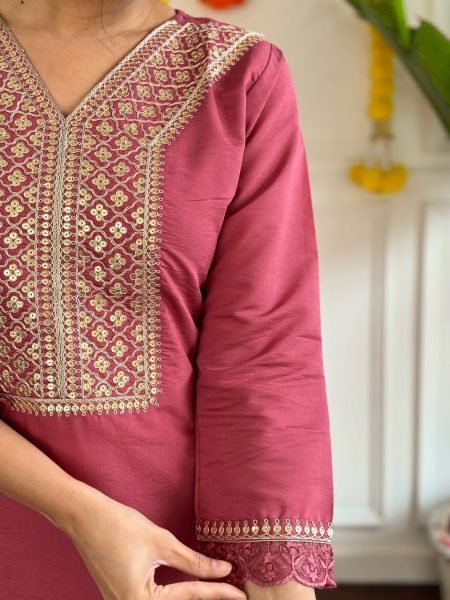 Designer Embroidered Chanderi Suit with Stitched Nylon Dupatta 3 Piece Kurti Set