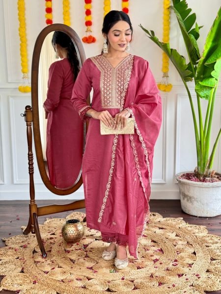 Designer Embroidered Chanderi Suit with Stitched Nylon Dupatta 3 Piece Kurti Set