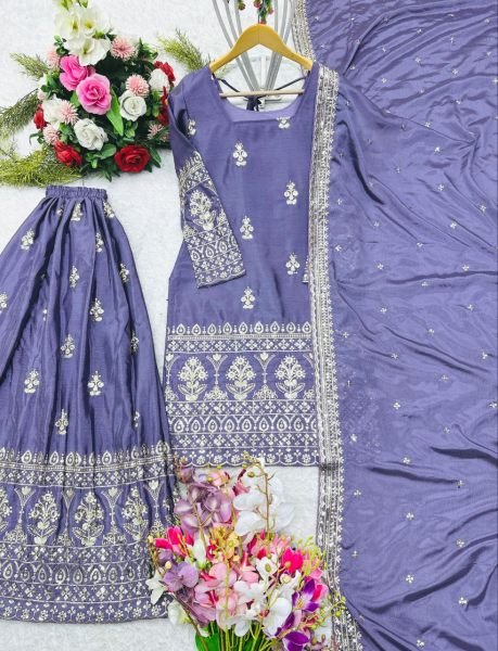 Designer Embroidered Chinon Silk Sharara Set with Full Sleeves and Matching Dupatta Online 2025 Ready To Wear Collection