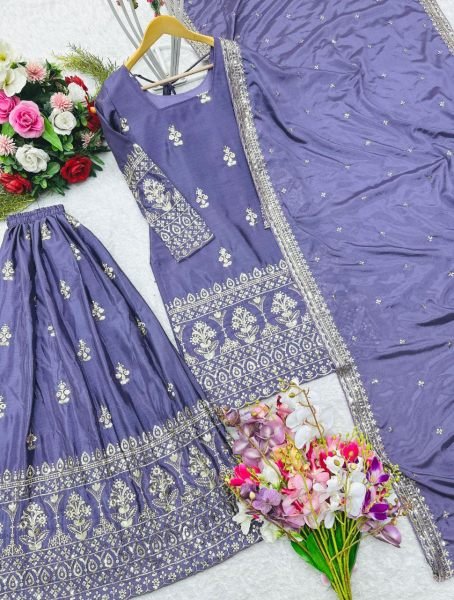 Designer Embroidered Chinon Silk Sharara Set with Full Sleeves and Matching Dupatta Online 2025 Ready To Wear Collection