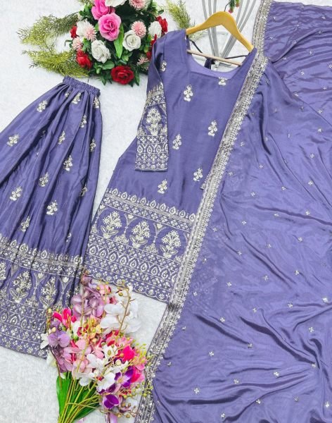 Designer Embroidered Chinon Silk Sharara Set with Full Sleeves and Matching Dupatta Online 2025 Ready To Wear Collection