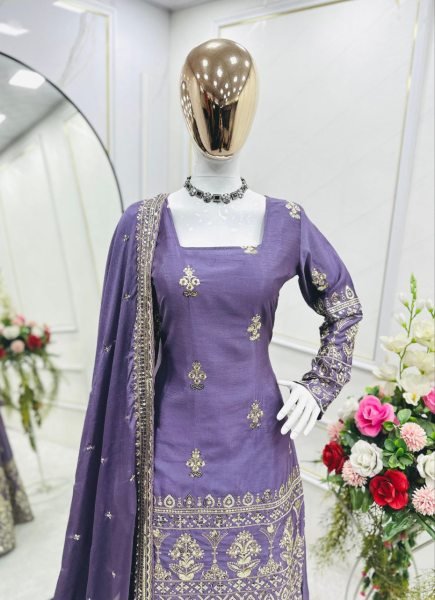 Designer Embroidered Chinon Silk Sharara Set with Full Sleeves and Matching Dupatta Online 2025 Ready To Wear Collection