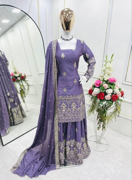 Designer Embroidered Chinon Silk Sharara Set with Full Sleeves and Matching Dupatta Online 2025 Ready To Wear Collection