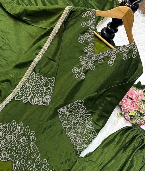 Elegant Green Chinon Silk Embroidered Suit Set with Dupatta Ready to Wear for Festive Celebrations Ready To Wear Collection