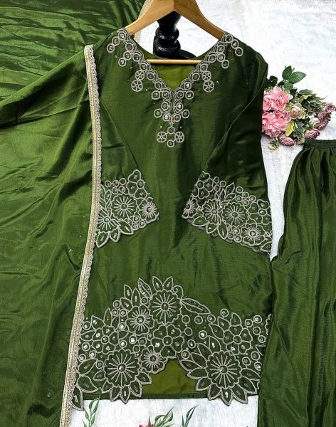 Elegant Green Chinon Silk Embroidered Suit Set with Dupatta Ready to Wear for Festive Celebrations Ready To Wear Collection