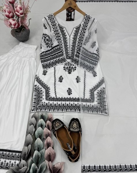 Elegant French Crepe Farshi Suit in Black   White with Sequin Work Perfect for Celebrations Ready To Wear Collection