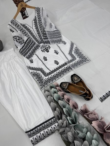 Elegant French Crepe Farshi Suit in Black   White with Sequin Work Perfect for Celebrations Ready To Wear Collection