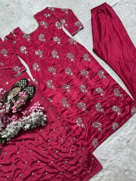  Designer Ethnic Red  Suit For Women    Chinon Fabric Outfit with Moti Latkan Work Ready To Wear Collection