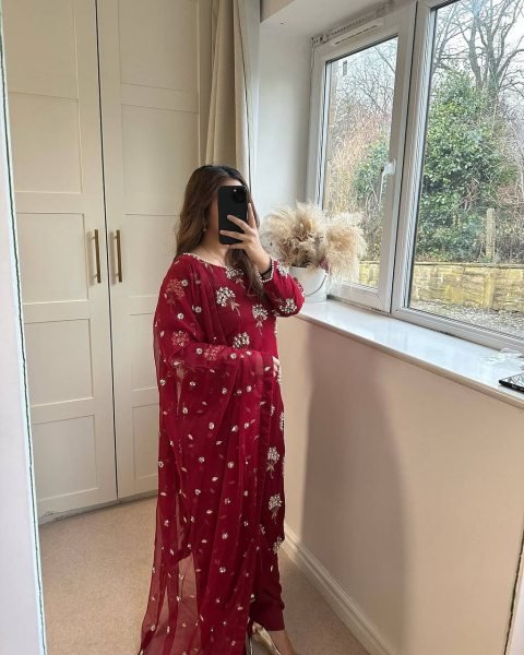  Designer Ethnic Red  Suit For Women    Chinon Fabric Outfit with Moti Latkan Work Ready To Wear Collection