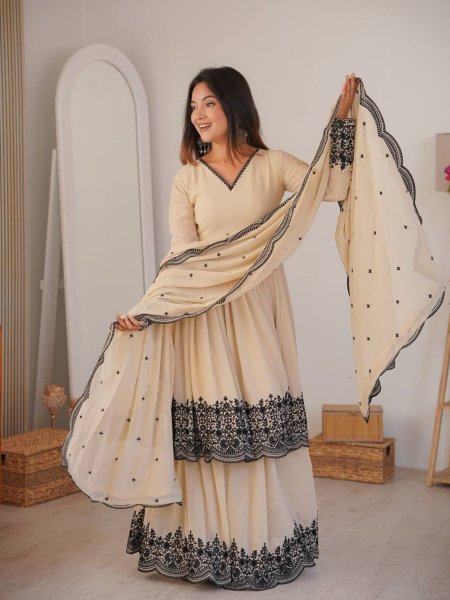 Designer Faux Georgette Anarkali Dress with Embroidery Work Palazzo and Dupatta for Eid and Festive Wear 