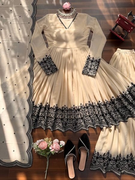 Designer Faux Georgette Anarkali Dress with Embroidery Work Palazzo and Dupatta for Eid and Festive Wear Ready To Wear Collection