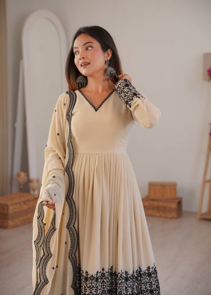 Designer Faux Georgette Anarkali Dress with Embroidery Work Palazzo and Dupatta for Eid and Festive Wear Ready To Wear Collection