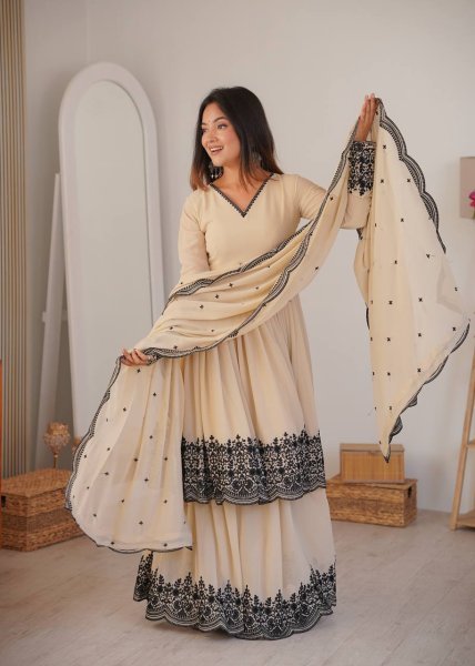 Designer Faux Georgette Anarkali Dress with Embroidery Work Palazzo and Dupatta for Eid and Festive Wear Ready To Wear Collection