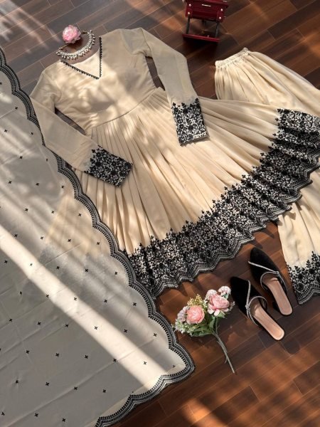 Designer Faux Georgette Anarkali Dress with Embroidery Work Palazzo and Dupatta for Eid and Festive Wear Ready To Wear Collection