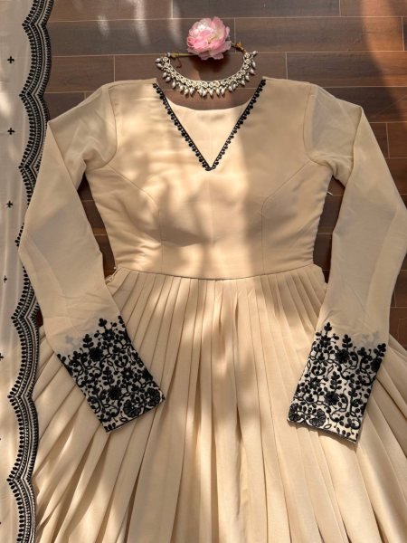 Designer Faux Georgette Anarkali Dress with Embroidery Work Palazzo and Dupatta for Eid and Festive Wear Ready To Wear Collection