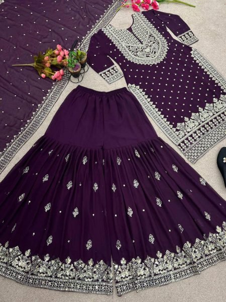 Designer Faux Georgette Gharara Set Heavy Embroidery Sequence Work Ready to Wear Wedding Festive Wear Ready To Wear Collection