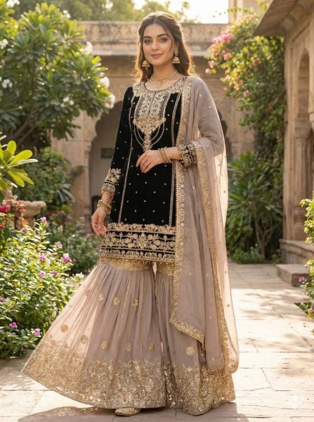 Designer Faux Georgette Plazzo Suit with Embroidery Dori Sequence Work UK USA Wholesale Ready To Wear Collection