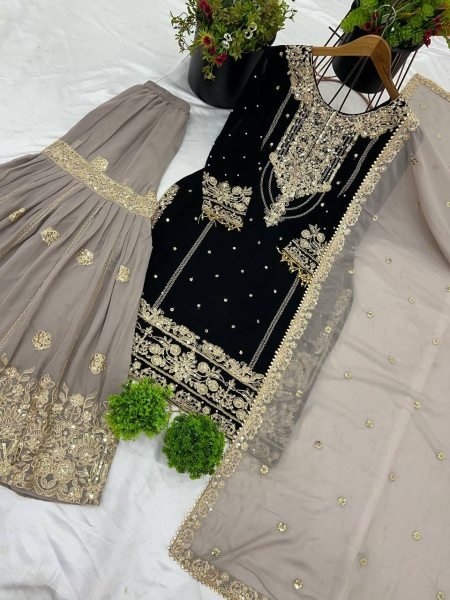 Designer Faux Georgette Plazzo Suit with Embroidery Dori Sequence Work UK USA Wholesale Ready To Wear Collection