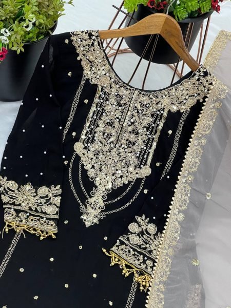 Designer Faux Georgette Plazzo Suit with Embroidery Dori Sequence Work UK USA Wholesale Ready To Wear Collection