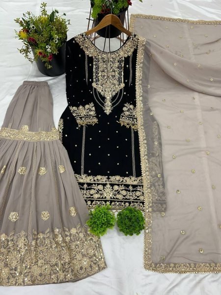 Designer Faux Georgette Plazzo Suit with Embroidery Dori Sequence Work UK USA Wholesale Ready To Wear Collection