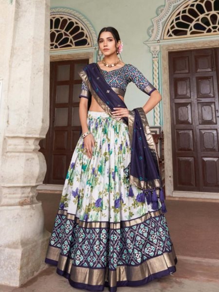 Festive Navy Blue Tussar Silk Lehenga Choli Patola Print with Floral Foil Fusion  Lehenga