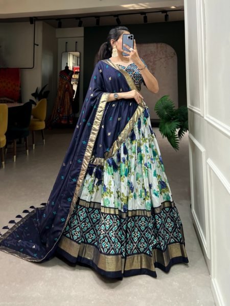 Festive Navy Blue Tussar Silk Lehenga Choli Patola Print with Floral Foil Fusion Navratri Lehnega Choli