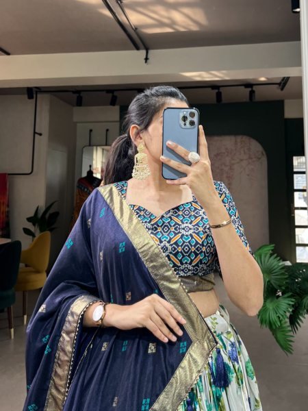 Festive Navy Blue Tussar Silk Lehenga Choli Patola Print with Floral Foil Fusion Navratri Lehnega Choli