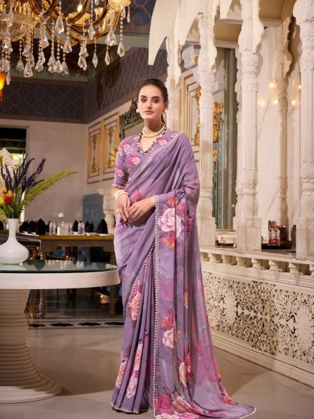 Designer Floral Print Saree in Georgette with Beaded Border Must Have Pick Georgette Sarees Wholesale