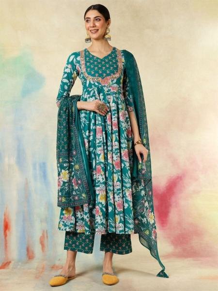 Designer Floral Printed Pure Cotton Anarkali Kurta with Bottom And Dupatta for Women Anarkali Kurtis 