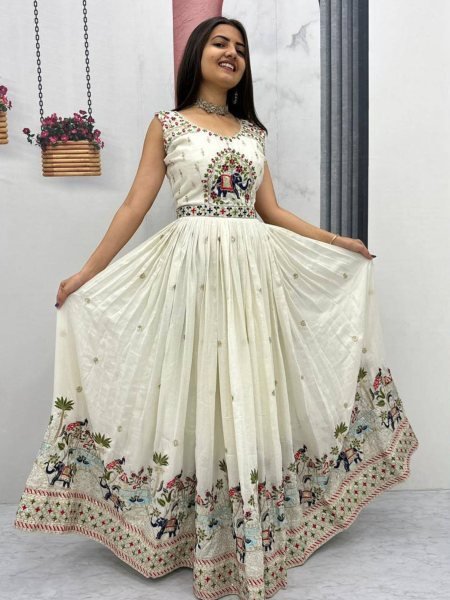 Designer Fully Stitched Chinon Silk Gown with Thread and Sequin Work for Festive Special Anarkali Kurtis 