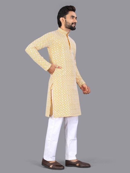 Designer Geometric Embroidered Cotton Kurta for Men with Mandarin Collar Kurta Pajama Wholesale