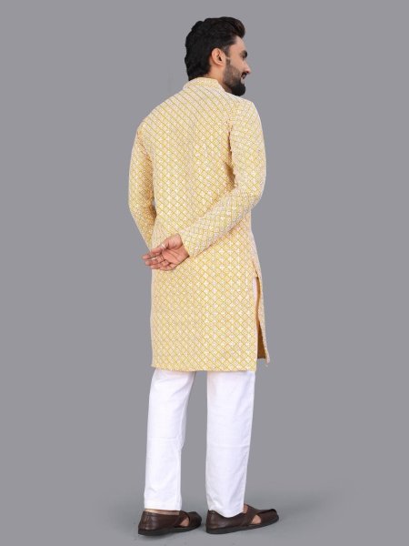 Designer Geometric Embroidered Cotton Kurta for Men with Mandarin Collar Kurta Pajama Wholesale