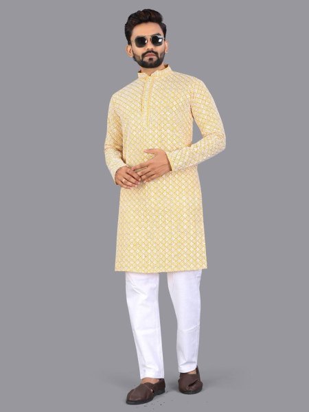 Designer Geometric Embroidered Cotton Kurta for Men with Mandarin Collar Kurta Pajama Wholesale