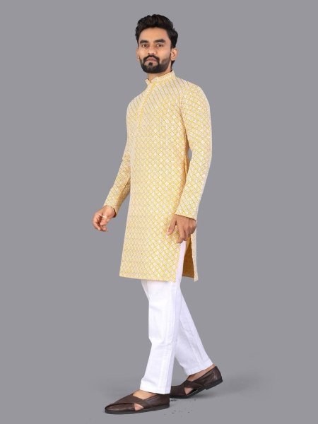 Designer Geometric Embroidered Cotton Kurta for Men with Mandarin Collar Kurta Pajama Wholesale